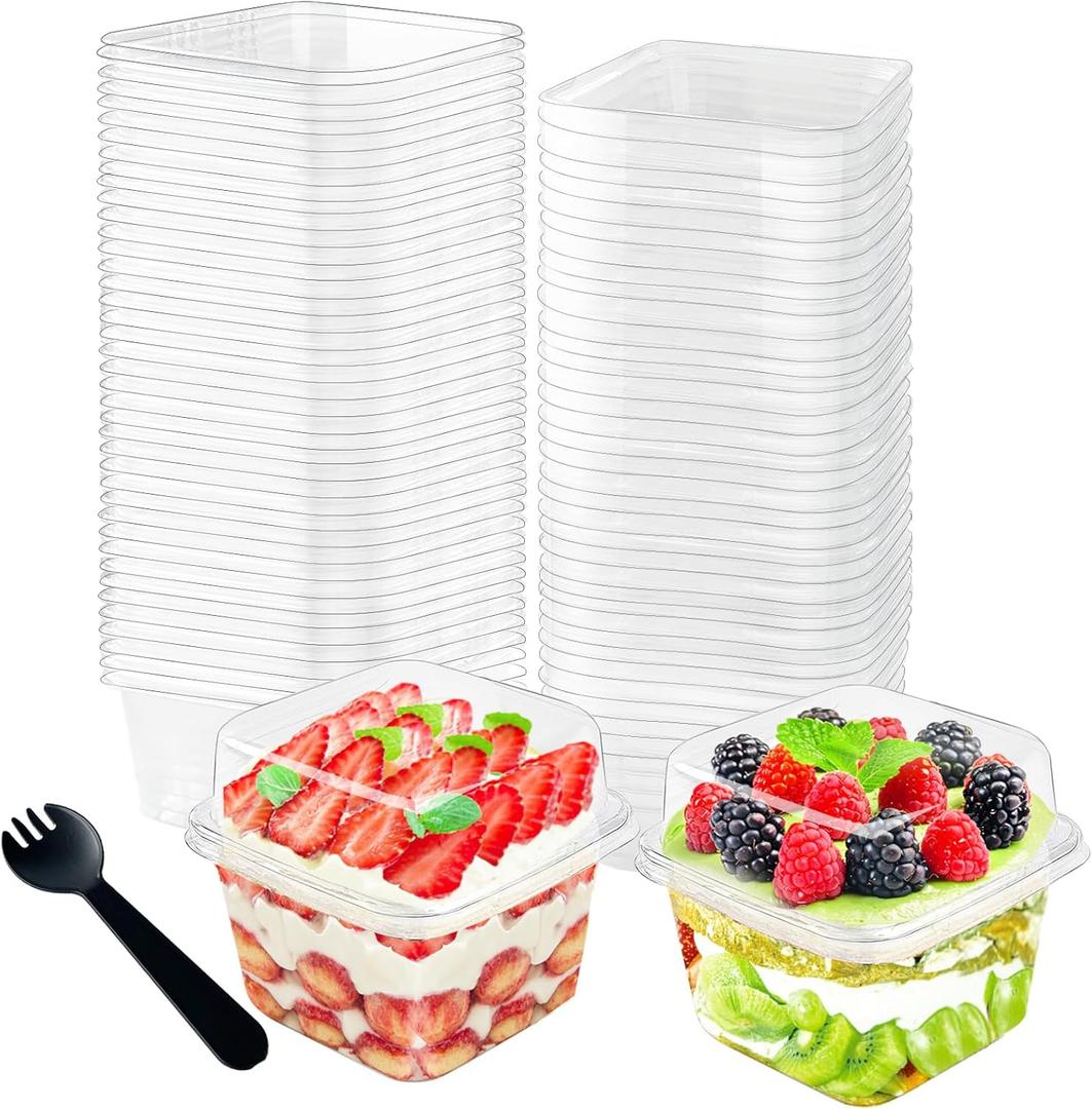 100Pcs 8oz Plastic Dessert Cups with Lids and Spoons, Disposable Parfait Cup Square Cake Containers for Party Favor, Mousse, Yogurt, Pudding, Snacks, Fruits, 50 Sets