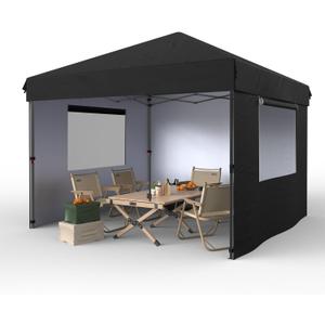 10x10 Pop Up Canopy with 3 Sidewalls - Easy Up Camping Tent with One Button Push Setup - 1 Roller Bag, 3 Adjustable Height, 4 Weight Bags for Deck, Garden, Sports, Beach, Party - Black