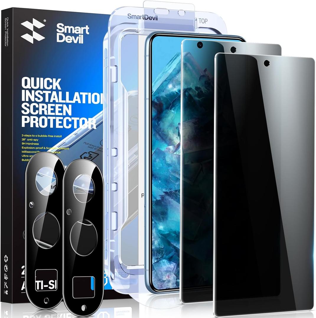 SMARTDEVIL 2 Pack for Google Pixel 8 Pro Privacy Screen Protector with 2 Pack Camera Lens Protector, Finger Print Reader Compatible, Fast & Easy Installation, Clear 9H Tempered Glass Film,