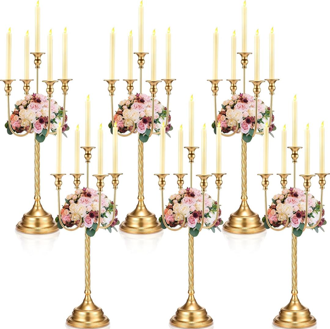 Rtteri 6 Pcs Gold Candelabra Candlestick Holder Metal Candle Stand Candelabra for Taper Candles Table Centerpieces Wedding Christmas Holiday Birthday Party (12.2 x 12.2 x 26.4 Inch,5 Arm)
