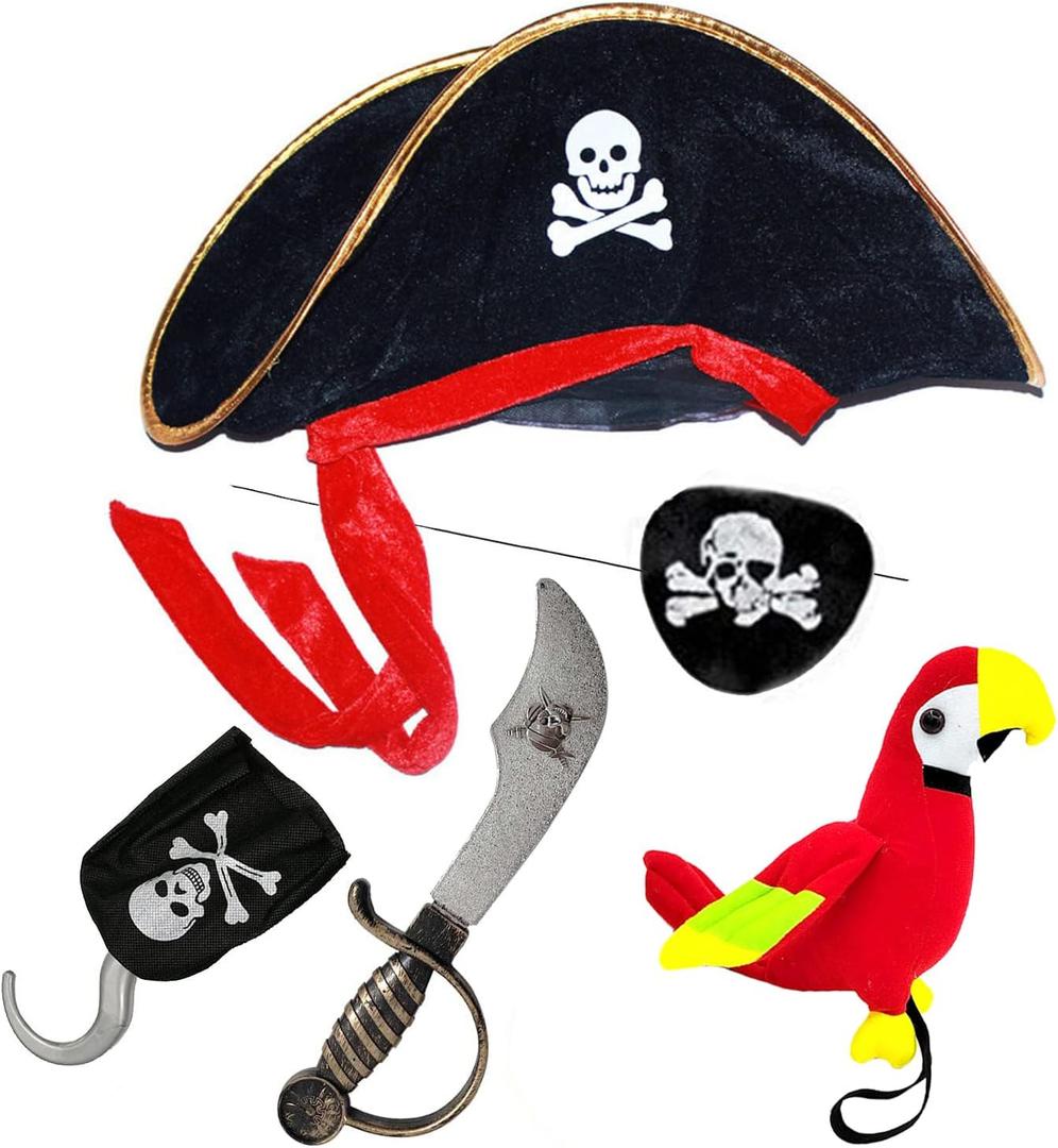 Vegove Kids Pirate Hats Set with Eye Hook Patch Toy Plush Parrot & Sword Halloween Hat Parties Costume