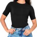 BAMBOO COOL Women's Seamless Tight T-Shirts Slim Fit Basic Ribbed Tees Short Sleeve Crew Neck Top (Black, XL)