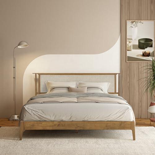 NTC Ruby Wooden Bed Frame with Headboard and Natural Rattan, Solid Oak Foundation with Silent Slats, 1000 Lb Capacity, Effortless Assembly, King - Teak Look