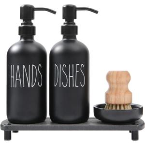 MOMEEMO Matte Black Soap Dispenser Set Comes with Stainless Steel Pumps, Instant Dry Tray, and Dish Scrub Brush, Suitable for Matte Black Kitchen Accessories. (Black)
