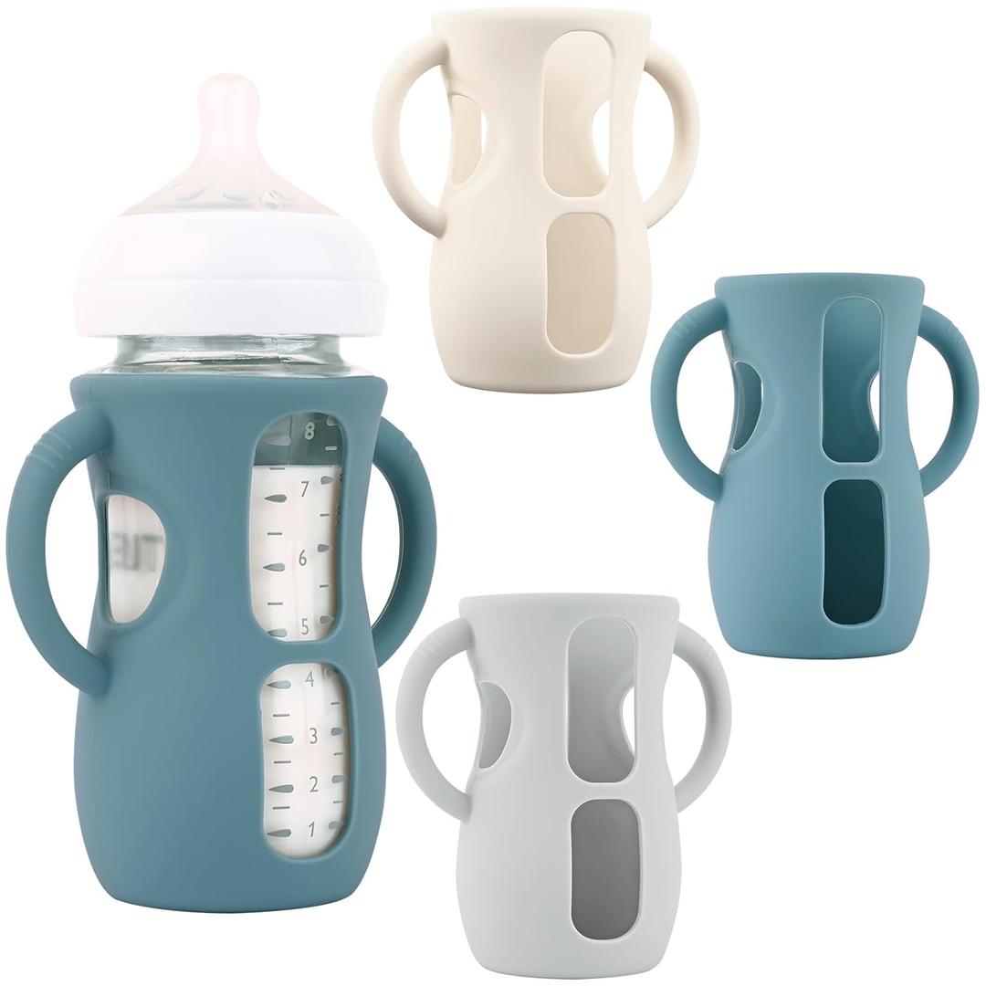 3 Pack Silicone Sleeves with Handles for Avent Natural Glass Baby Bottles, Anti Breakage Baby Bottle Holder, Compatible Philips Avent Glass Natural Baby Bottle 8 oz (Grey+Apricot+Dark Blue)