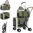 3 in 1 Folding Dog Stroller, 4 Wheels for Small/Medium Dogs, Cat Stroller w/Removable Travel Carrier for Small/Medium/Large Pet, Waterproof Pad, Car Seat, Sun Shade (Green)