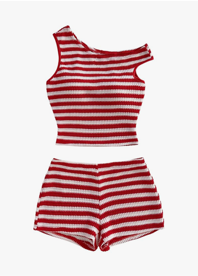 Verdusa Women's 2 Piece Striped Outfits Off The Shoulder Crop Tops and Mini Shorts Set 4xl