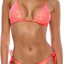 Women's Triangle Sequin Bikini Set Brazilian Halter String Backless Tie Side Thong Two Piece Swimsuit Bathing Suit (6-8, Coral Pink)