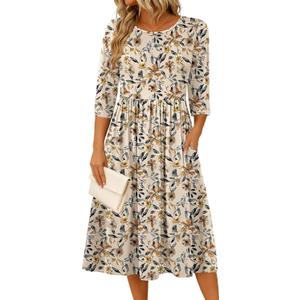 Zeagoo 3/4 Sleeve Women's Dress Casual Flowy A-Line Midi Tshirt Dresses with Pockets Crewneck Vocation Boho Beach Sundress (L)