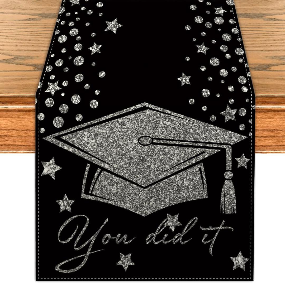 Graduation Table Runner Class of 2026 Kitchen Dining Table Centerpiece Mastered It Congrats Grad Decor Black Sliver Graduation Decorations for Home Party-72 Inches Long