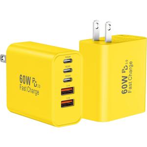 USB C Fast Wall Charger Block, 2Pack 60W USBC Charging Cubes, 5-Port PD+QC Power Adapter Multiport Brick Type C Box Plug for Phone 16/ 15/ 14/ 13/ 12/ 11/ Pro Max/ Plus, Pad Mini/ Pro/ S25/ S24-Yellow