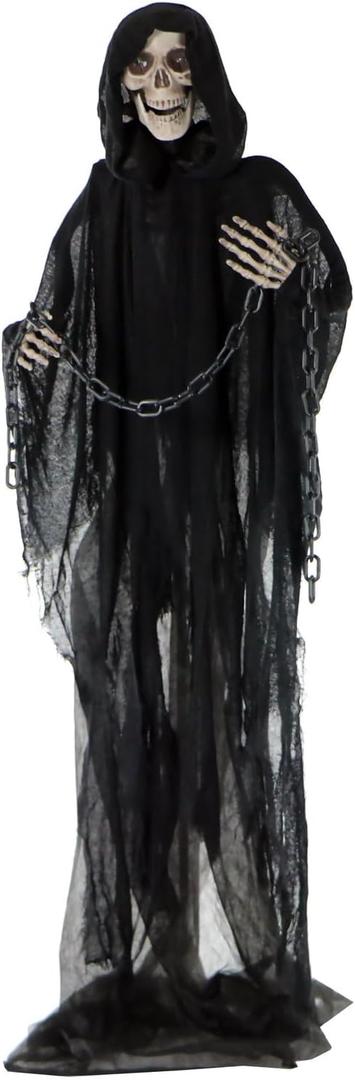 Haunted Hill Farm Life-Size Scary Grim Reaper with Chain, Halloween Animatronic with Touch Activated Lights and Sounds, Battery Operated Indoor or Covered Outdoor Halloween Decorations, Halloween Prop, 65"