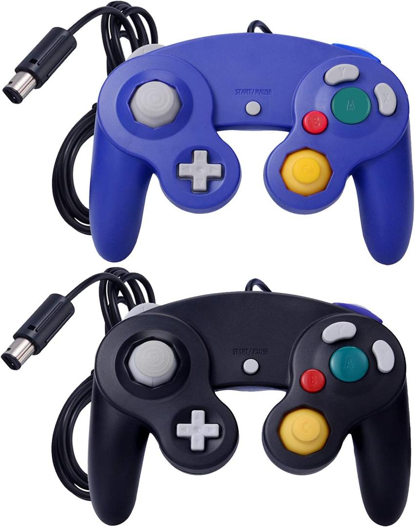 ONE250 2 Pack Classic Shock Joypad Wired Controller, Compatible with Wii NGC Gamecube Game Cube (Black & Blue)