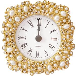 Silent Mini Vintage Analog Table Clock with Faux Pearls Metal Body and Battery Operated Non-Ticking Core for Shelf, Bedroom, Bedside, Desk, Gift Clock
