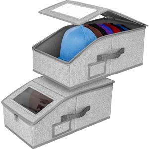 Portable Hat Storage Box Organizer | Large Capacity Foldable Cap Holder with Clear Window | Space-Saving Closet Accessory for Baseball Caps, Beanies & Sun Hats (2 Pack)
