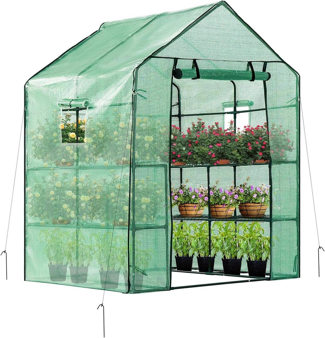 VIVOSUN 57x57x77 Inch Mini Walk in Green House with Window and Anchor, Plant Garden Hot House 2 Tiers 8 Shelves, 4.7 x 4.7 x 6.4 FT