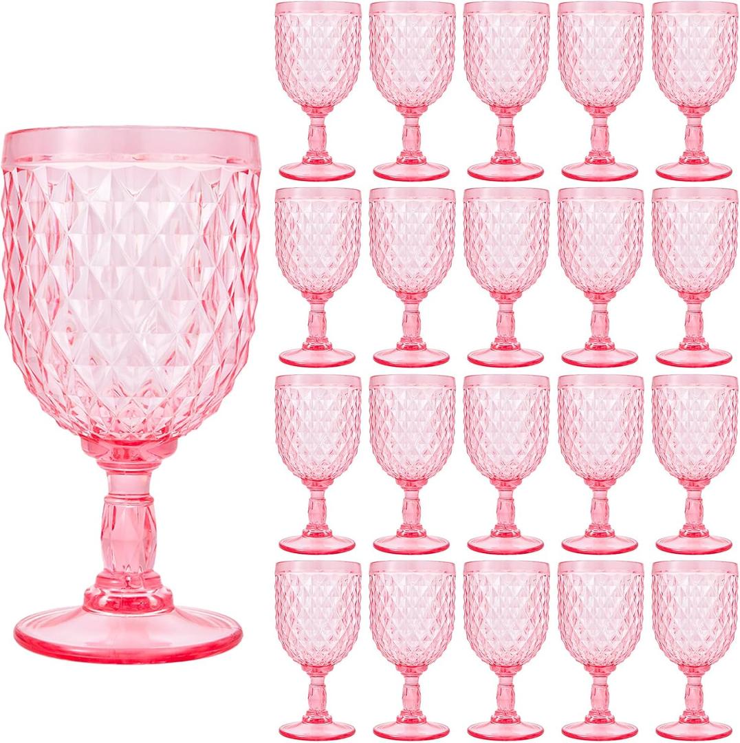 CHICERA 20 Pcs Pink Plastic Wine Glasses,Plastic Goblets for Parties, High-capacity Design,Sturdy and Durable Wine Glasses Can be Used for Weddings, Everyday Fun Parties and More!