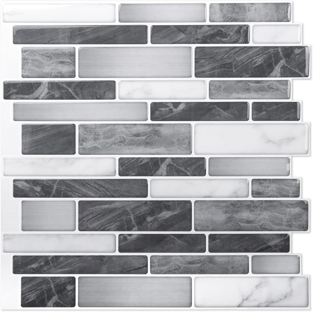 Art3d 10-Sheet Self-Adhesive Tile Backsplash for Kitchen, Vinyl Decorative Marble Tiles, 30 * 30cm (Grey-white)
