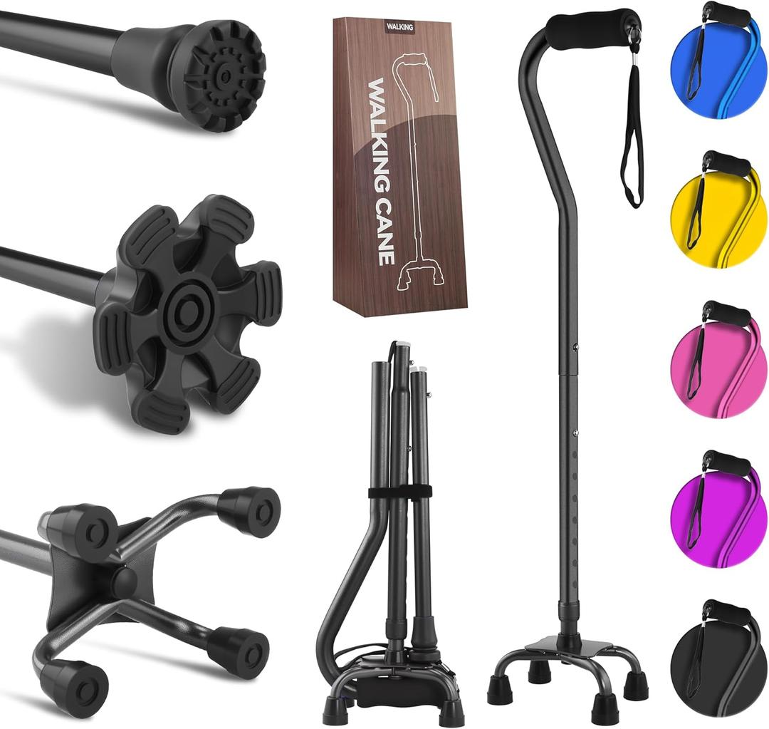 LIXIANG Walking Canes Stablize Women Quad Canes for Seniors & Adults Foldable Adjustable for Men & Women Heavy Duty Freestanding Cane for People with Leg Injuries 3 footings (Black)