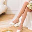 Coutgo Womens Pearl Kitten Heels Closed Pointed Toe Wedding Bride Dress Shoes Ankle Strap Satin Pumps (White, 10)