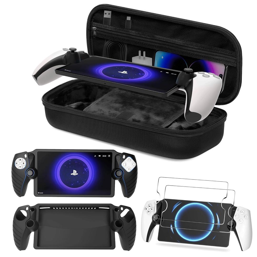 Foluck 3 in 1 Accessoris Set Compatible with Playstation Portal, EVA Carrying Case for PS5 Portal, Soft Silicone Protective Cover, 2 Pack Screen Protector, Ps Portal Accessories, Black