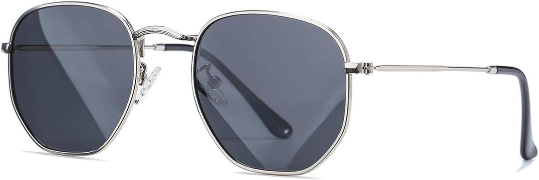 HJSTES Small Polarized Sunglasses Women Men Trendy Hexagonal Metal Frame Mirrored Lens UV Protection (A04 Silver/Grey)