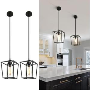 2 Pack Black Pendant Light Fixture 1-Light Farmhouse Pendant Lights Kitchen Island Lantern Iron Cage Hanging Light with Clear Glass Shade for Entryway Dining Room Hallway Porch