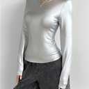 OYOANGLE Women's Metallic Long Sleeve T Shirt Crew Neck Fitted Tee Tops Y2K Going Out Tops (S)