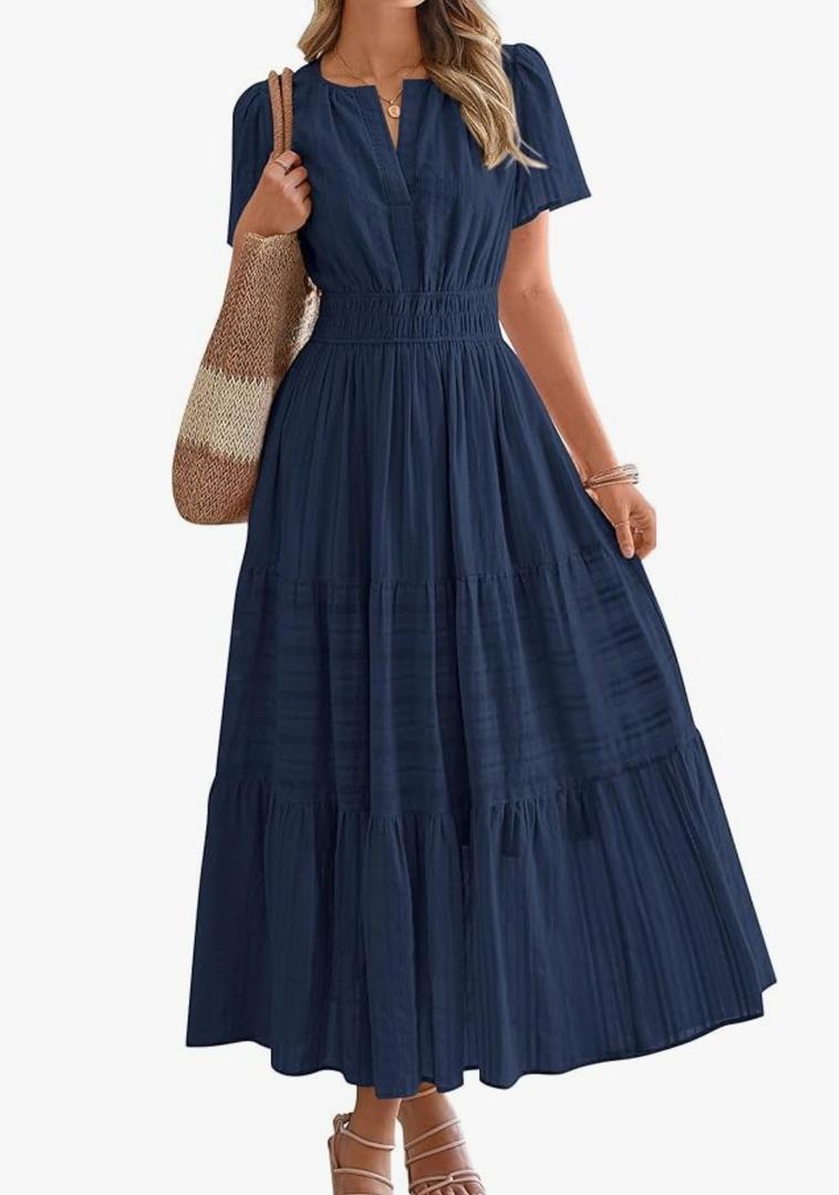 BTFBM Womens Summer 2025 Casual Midi Maxi Dresses Lightweight Short Sleeve V Neck Elastic Waist Boho Beach Dress Pockets Large Blue