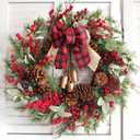 22" Green lamb's Leaves Wreaths for Front Door Winter Spring Wreath with Pine Cones Shells Satin Bow Bells,Artificial Wreath for Indoor Outdoor Farmhouse Home Porch Wall Window Festival Wedding Decor