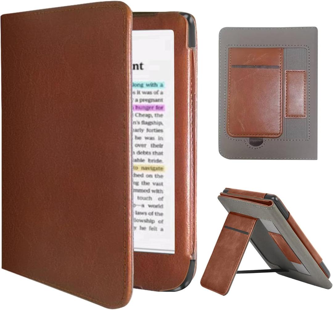 Stand Case for 6" Kobo Clara Colour/Clara BW (2024)/Clara 2E (2022)/Tolino Shine Color/Shine 5/Shine 4,Durable PU Leather Cover with Auto Sleep Wake, Card Slot, Hand Strap Feature,Brown