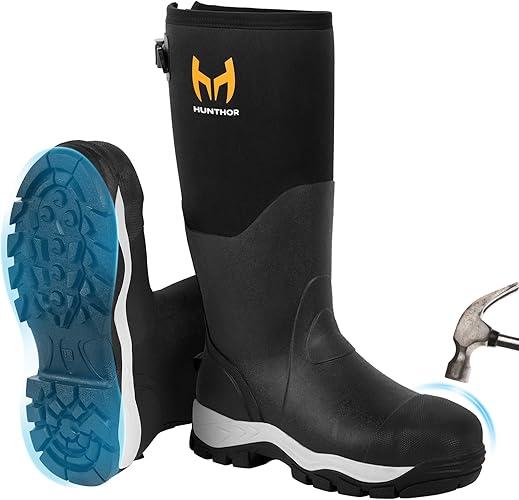 Rubber Work Boots for Men with Steel Toe, 1100N Puncture-Proof Hunting Boots with 7mm Neoprene Waterproof and EVA Midsole, Adjustable Back Gusset, Ideal for Hunting, Work, and Farming Size 8