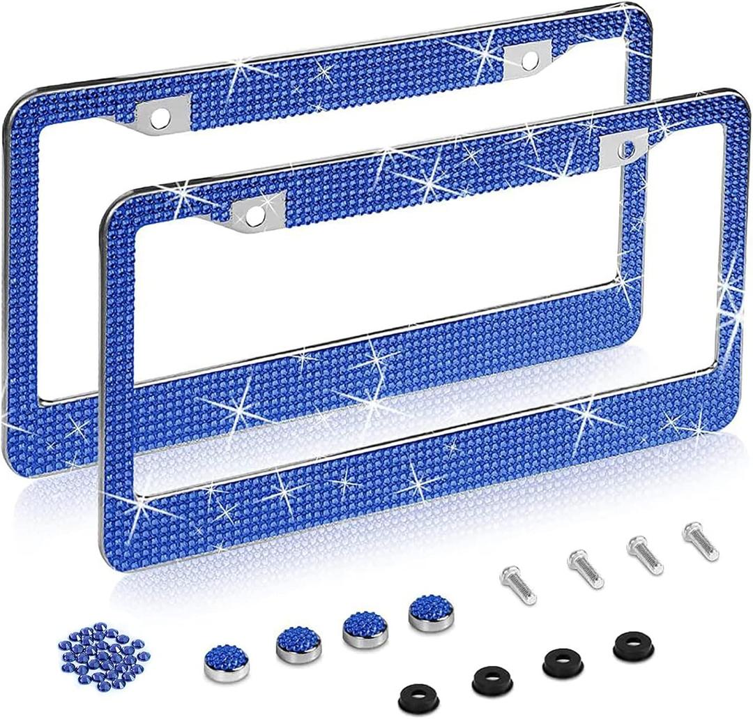 2 Pack Rhinestone Sparkly Glitter License Plate Tag Frames Crystal Premium Stainless Steel Covers for Women (Blue)