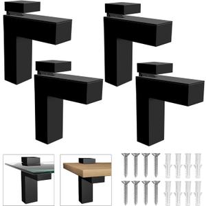 Heavy Duty Floating Wood/Glass Shelf Bracket 4 Pcs, Adjustable Glass Shelves Mounting Brackets for 3-28mm Thickness, Rust Resistant Zinc Alloy Clamp Support (25lbs Load) for Bathroom (Set of 4) (Black)