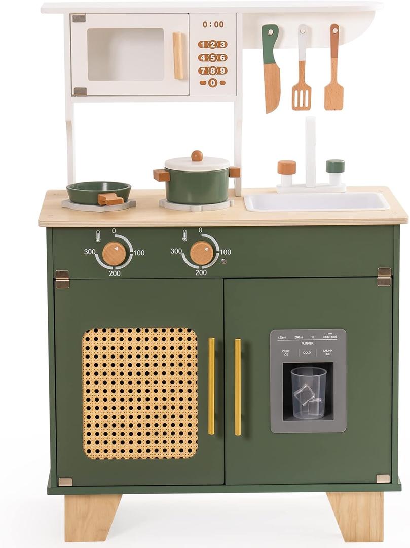 ROBUD Kids Kitchen Playset, Vintage Wooden Play Kitchen with Ice Dispenser, Pretend Toddlers Kitchen Toy with Accessories, Baby Gift for Ages 3-8