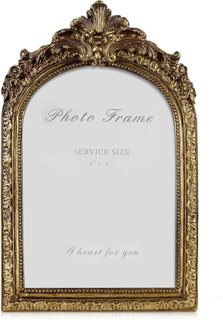4x6 Picture Frame Arched Vintage Frame, Gold Ornate Resin Frames with Plexiglass Front for Wall Mounting and Tabletop Display, Antique Photo Frame Retro Home Decor