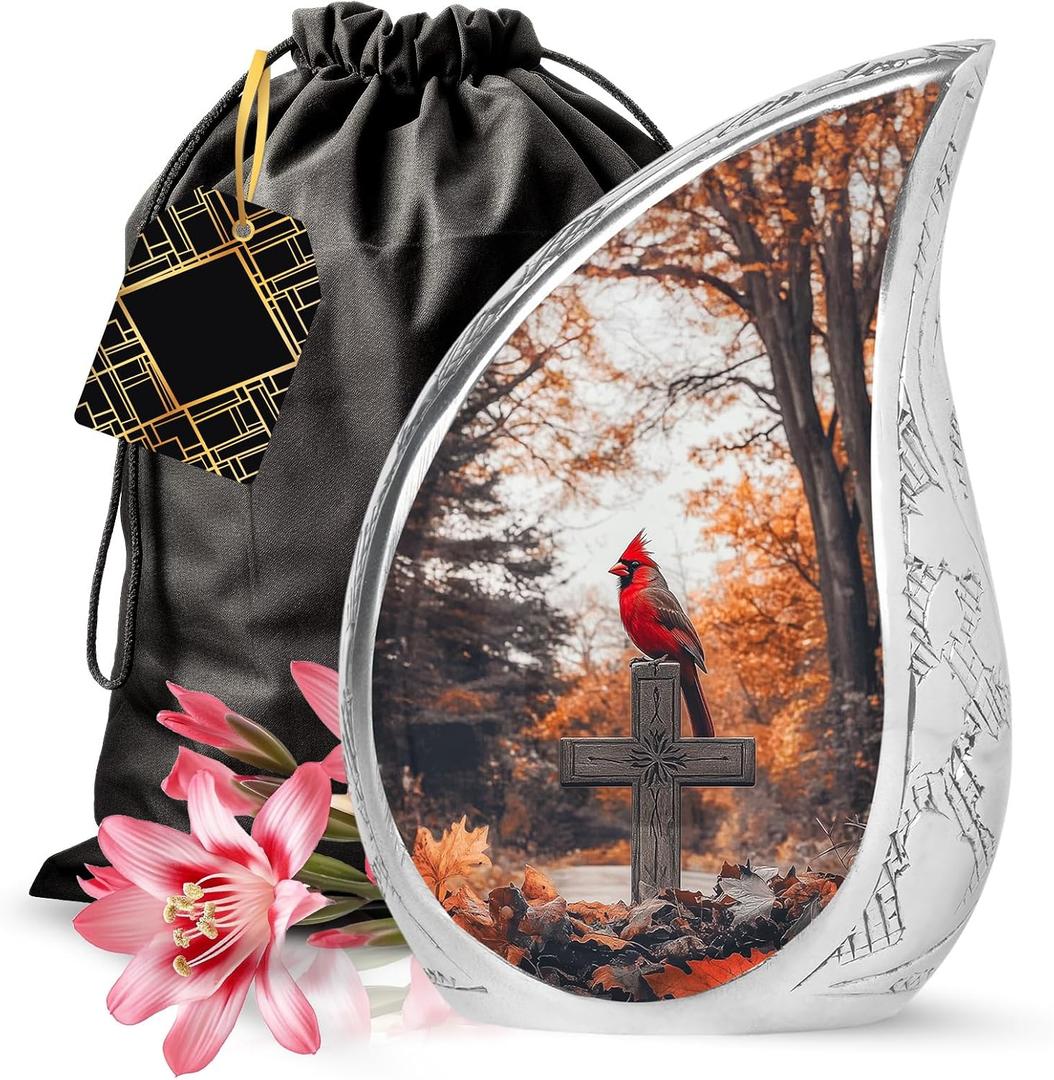 YATSKIA Red Cardinal Bird Funeral Urns for Human Ashes Adult Man, Cross Memorial Urn for Ashes for Women, (Tear Drop Urn, Large 10 Inch)