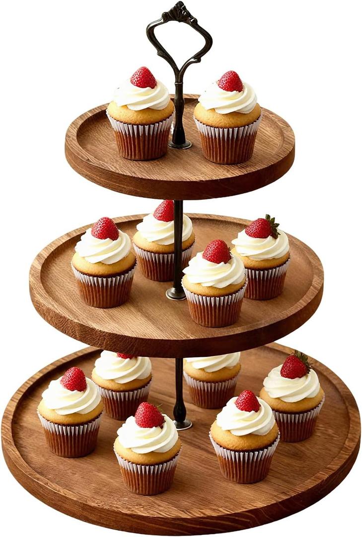 3 Tier Round Cupcake Tower Stand for Cupcakes, Wooden Cake Stands with Tiered Tray, Farmhouse Wood Dessert Display Platter for Birthday Graduation Baby Shower Wedding Tea Party