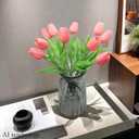 10-Heads Artificial Flowers PU Mini Real Touch Tulip Bouquets for Home Wedding Party Centerpiece Decoration (Gradient Coral)