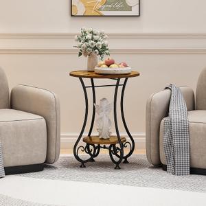 Side Table,Small Round End Table with Lower Shelf for Small Spaces, Portable Couch Sofa Coffee Table,Bedside Nightstand Table with Metal Frame,Retro Accent Drink Table for Living Room Bedroom Balcony