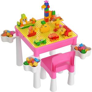 burgkidz Kids 5-in-1 Multi Activity Table Set - Building Block Table with Storage - Play Table Includes 1 Chair and 130 Pieces Compatible Large Bricks Building Blocks for Ages 2 and Up (Pink)