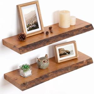 Floating Shelf, Solid Wood Wall Shelf, Rustic Wooden Floating Shelves for Wall, Farmhouse Wall Mounted Shelf for Bathroom, Living Room, Kitchen, Bedroom, Storage & Display (Natural Wood, 24 Inch)