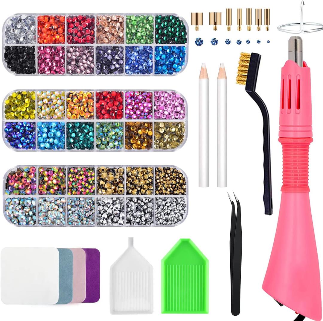 Bedazzler Kit with Rhinestones, Hot Fixed Gems Craft Applicator - Diamond Painting Pen, Wax Pencil, Tweezers, Tray, Cleaning Brush, Picker Rhinestones Crystals for DIY Clothes Shoes