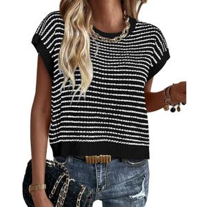 PRETTYGARDEN Womens Short Sleeve Sweater Spring Summer 2026 Round Neck Striped Pullover Cap Sleeve Knit Sweater Vest Tops (Black, S)