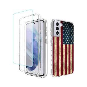 Case for Galaxy S21+ 5G/S21 Plus SM-G996U Case with Tempered Glass Screen Protector, Full Body Cute Floral Shockproof Protective Phone Case Cover for Samsung Galaxy S21 Plus (Flag)