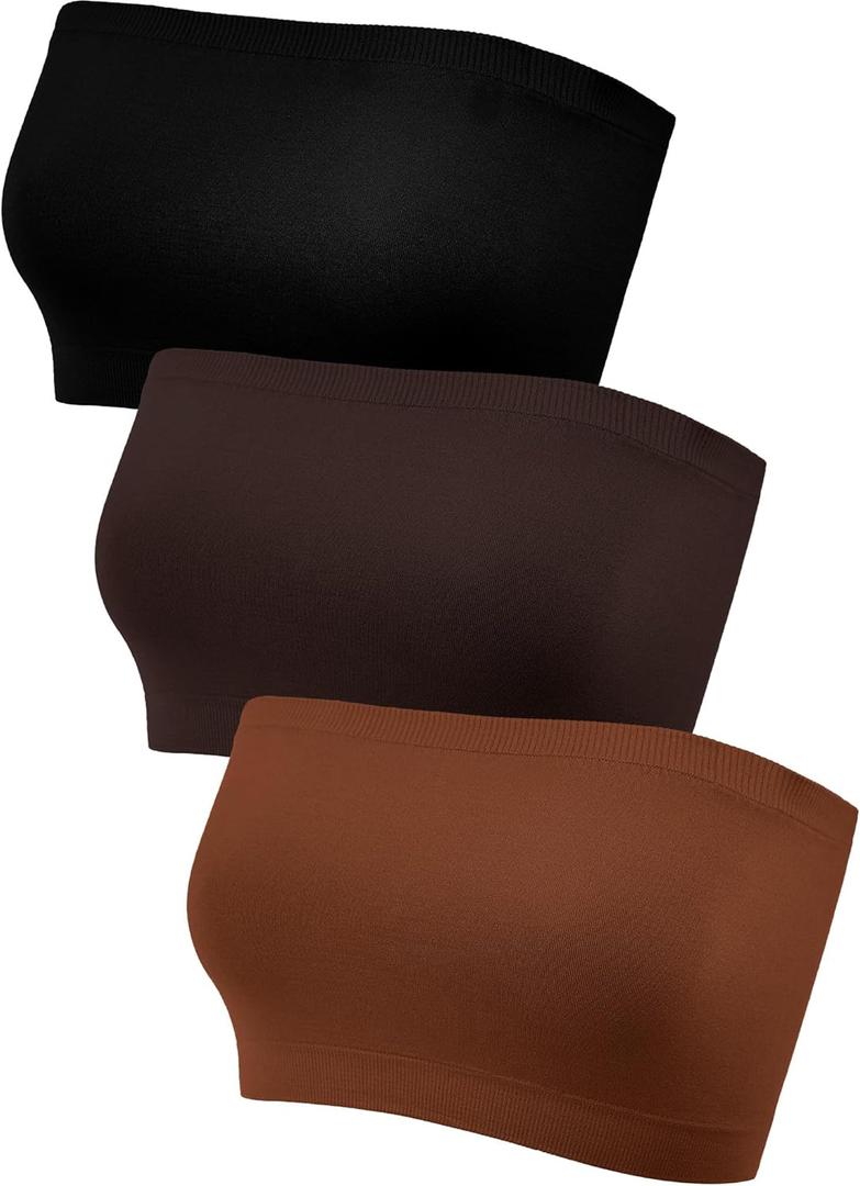 Women's Strapless Bralette Seamless Bandeau Soft Stretchy Non-Padded Bandeau Tube Top Bra in Color, 3 Pieces (Large-X-Large, Black, Light Caramel, Dark Brown)
