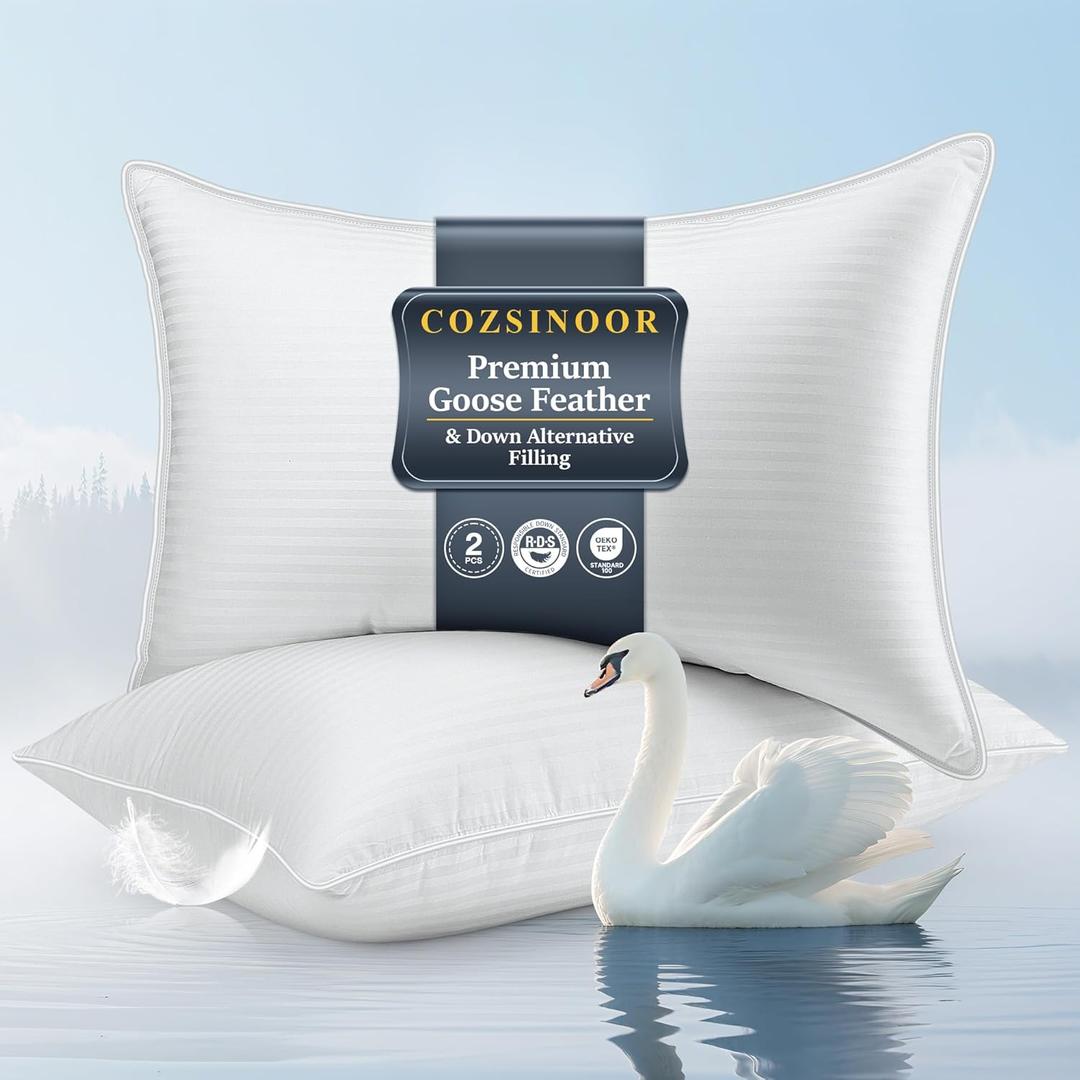 COZSINOOR Goose Feather Pillows Queen Size - Pack of 2, Hotel Down Bed Pillow for Sleeping, Soft 600 TC Cotton Cover, Fluffy Support Surround Fill Down Alternative, Softer