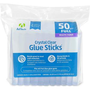AdTech Crystal Clear Hot Glue Gun Sticks (W220-14ZIP50) Full Size Hot Glue Sticks. All-purpose glue sticks for crafting, scrapbooking & more. 50 pieces. Length: 4 Diameter: .44.