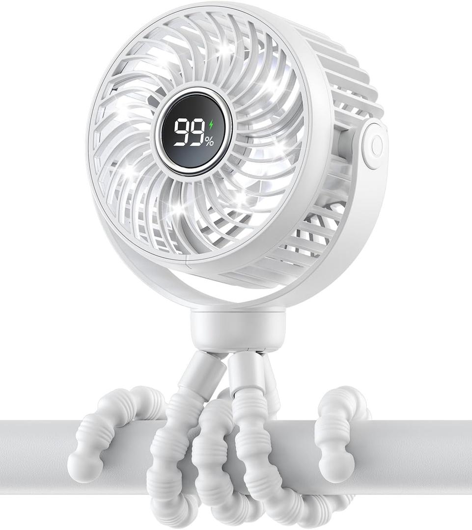Mini Portable Stroller Fan for Travel,360 Rotation,4-Speed LED Night Light Clip on Fans Operated by Rechargeable Battery, Cordless Fan with Tripod Car Seat Baby Pram (White)