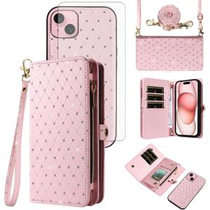 Phone Case for iPhone 15 6.1 inch Zipper Wallet Detachable Cell Cover with Screen Protector Crossbody Lanyard Strap Bling Glitter Flip Card Holder Slot i Phone15 i15 15Case Women Men Girls Pink